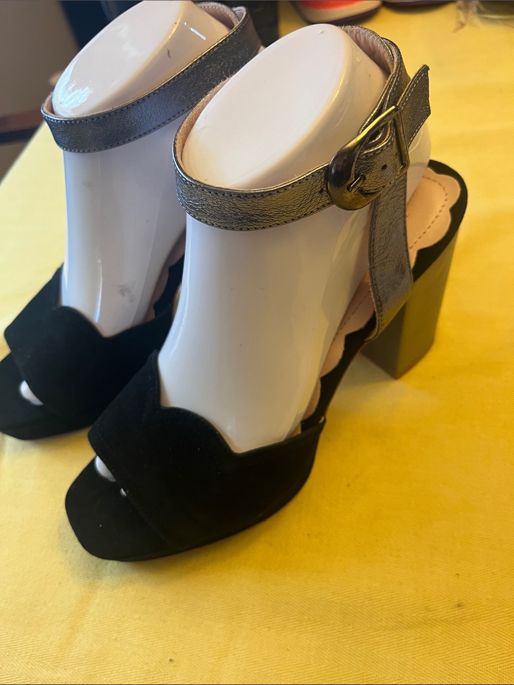 MISS L FIRE Women's Black Suede Block Heel Sandals with Metallic Ankle Strap.